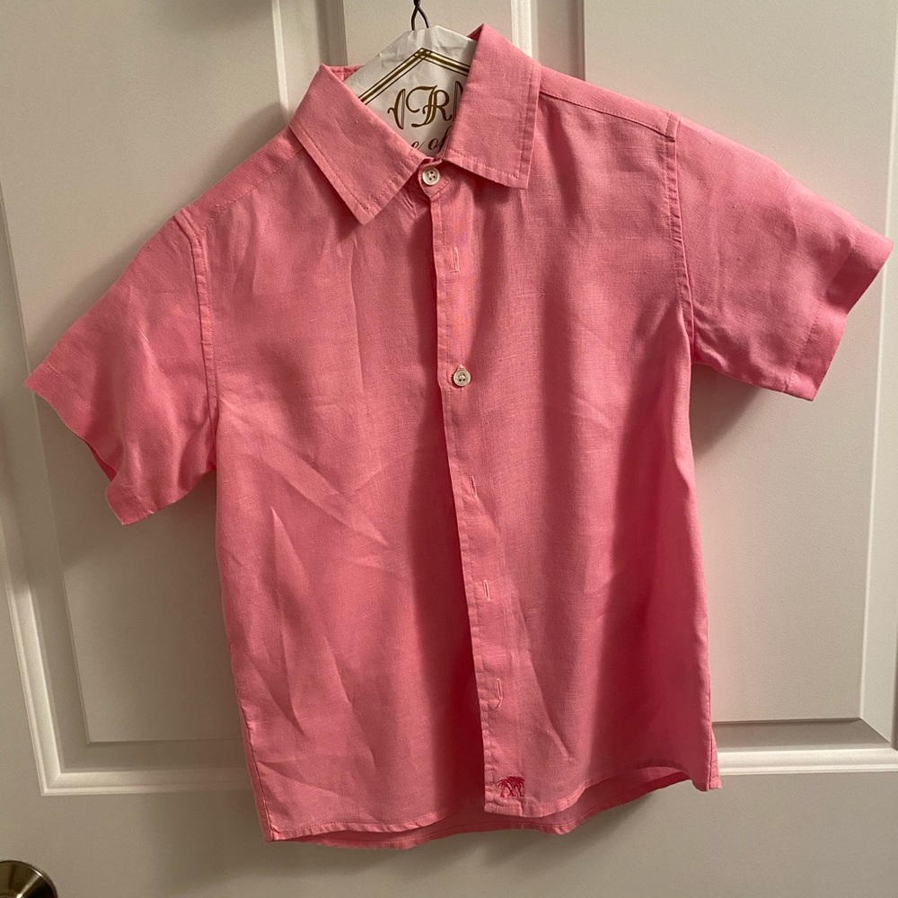 Pink boys linen short sleeve button down.